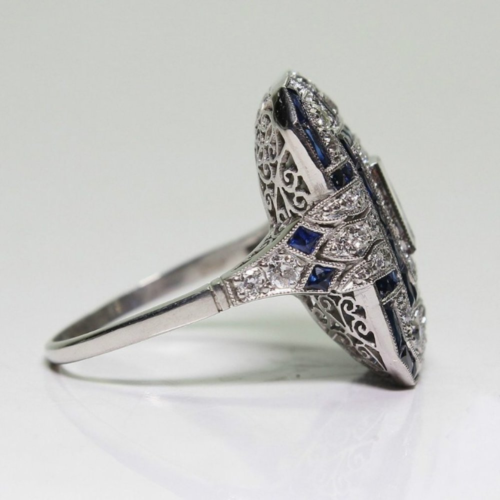 NEW Silver Blue Sapphire Diamond Art Deco Ring - Picture 3 of 4